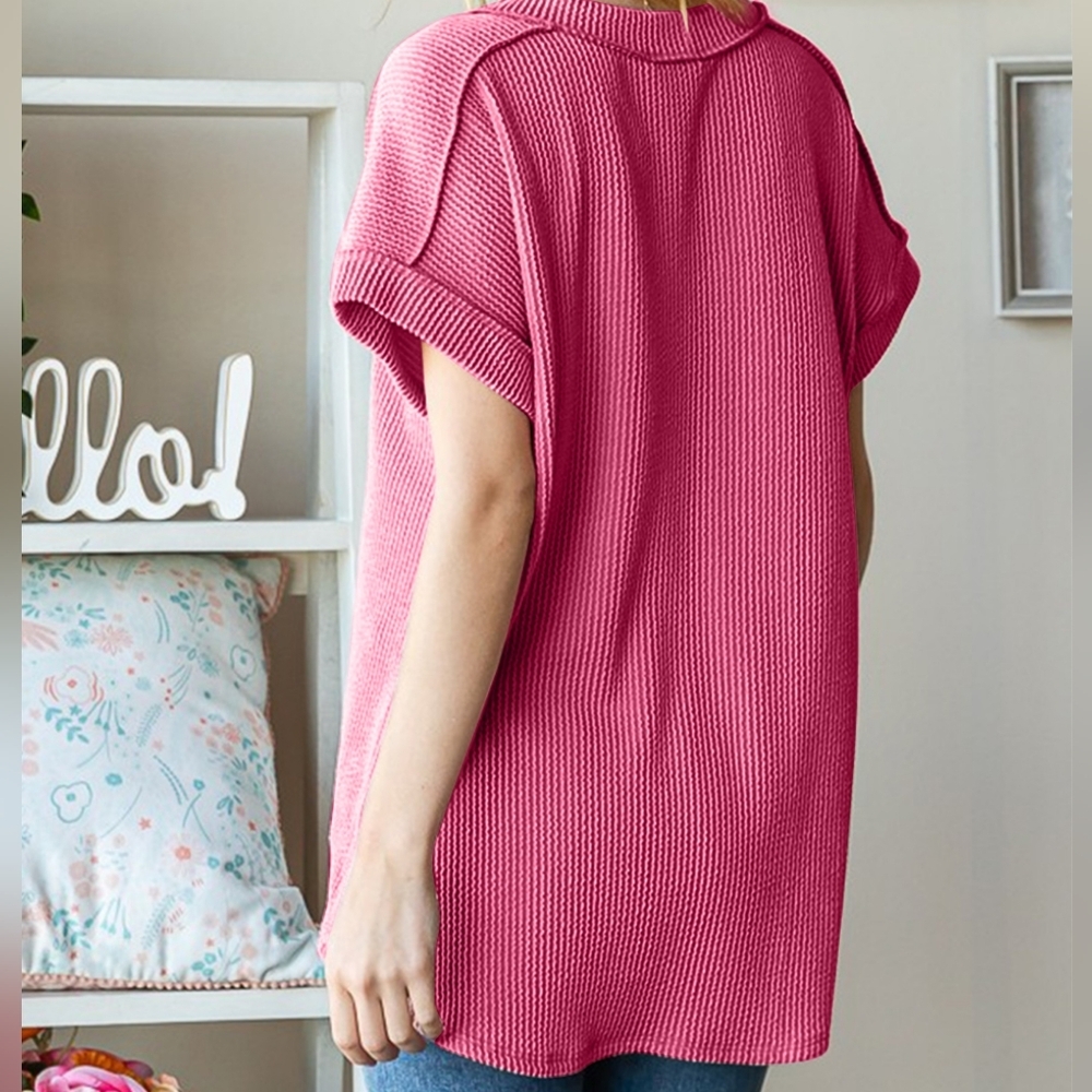 Heimish Full Size Exposed Seam Short Sleeve Ribbed Top
